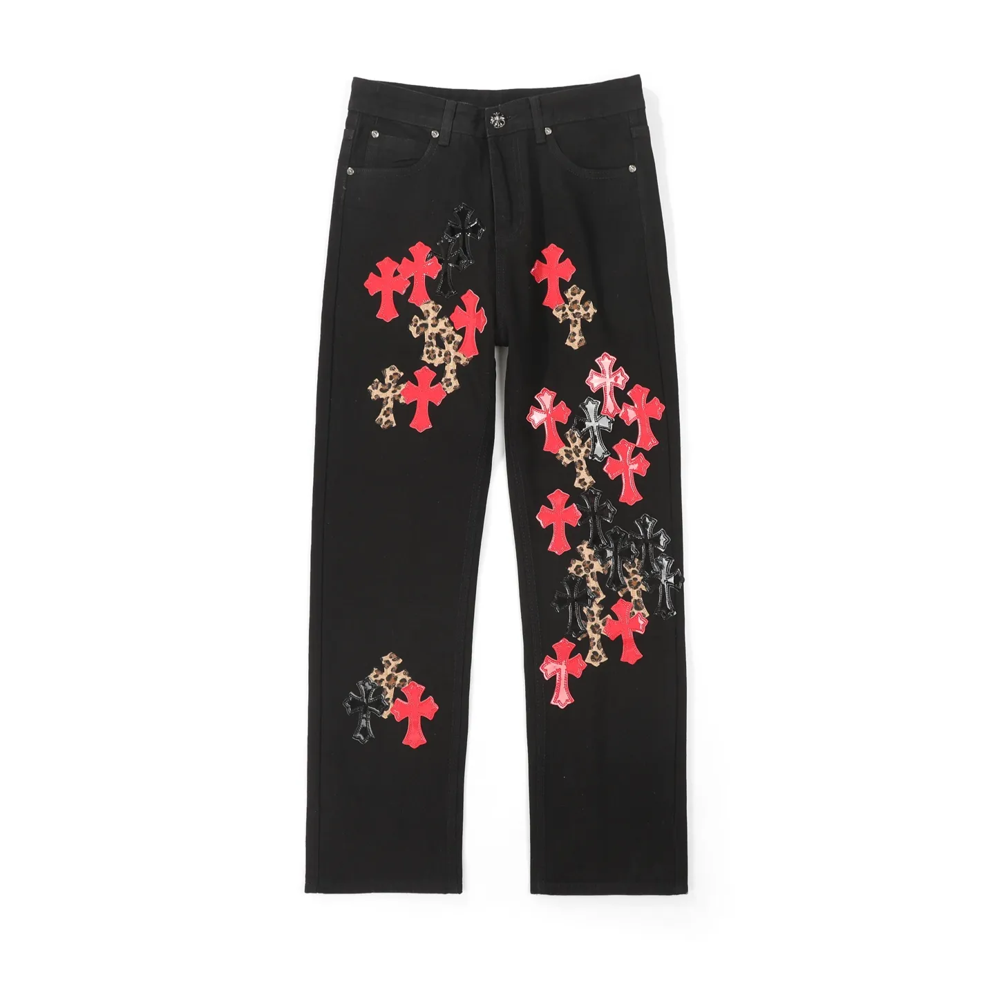 P240 Chrome Hearts 24SS Cross Sanskrit limited style graffiti printed leather jeans. Chrome Hearts limited edition leather washed jeans, Miami limited jeans, the entire cross leather is hand-made_different version, a heavy black blue cow fabric with moderate thickness and texture, antique metal silver label decoration, denim embedded thread manufacturing and production 💙Among Chrome Hearts' many trousers, its color is unique, and people are deeply attracted at a glance. It is made of beaded canvas fabric and has been washed with heavy water. The upper body is very textured, crisp and stylish, and will not collapse at all. The three-dimensional cut of the trousers has a first-class effect in modifying the shape of the legs. It can be easily controlled by any figure, and you can instantly become a street trendy person when you put it on.  🔩Customized hardware, full of texture, every detail is done to the extreme. The thick beaded canvas fabric becomes soft and skin-friendly after washing, and has excellent breathability, making it comfortable to wear all day long. Customized small leather label, unique design, simple yet elegant, exquisite workmanship, neat wiring, every detail demonstrates quality and style.  These pants are gender-neutral and can be worn by both men and women, easily creating a sense of fashion. Pair them with a T-shirt or sweatshirt and you can easily go out and hit the streets. Size: 28/30/32/34/36 Waist: 69/74/79/84/89 Pants length: 102/103/104/105/106